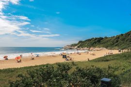 Imagem de uma praia tranquila com areia dourada e águas azuladas em um dia ensolarado. Algumas pessoas estão aproveitando o local com guarda-sóis coloridos espalhados pela areia. No lado direito, há uma área com vegetação verdejante e formações rochosas que complementam o cenário natural. O céu está claro e limpo, reforçando a atmosfera relaxante e convidativa.