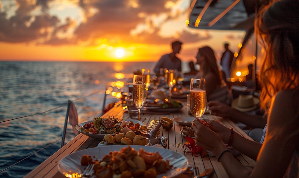 Jantar elegante ao ar livre em um barco durante o pôr do sol, com pratos sofisticados, taças de espumante e um horizonte dourado refletindo no mar, criando uma atmosfera de luxo e descontração.
