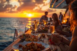 Jantar elegante ao ar livre em um barco durante o pôr do sol, com pratos sofisticados, taças de espumante e um horizonte dourado refletindo no mar, criando uma atmosfera de luxo e descontração.