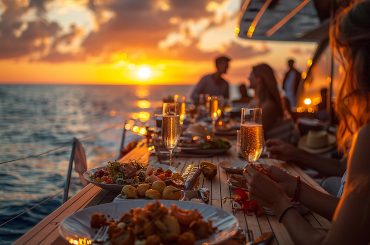 Jantar elegante ao ar livre em um barco durante o pôr do sol, com pratos sofisticados, taças de espumante e um horizonte dourado refletindo no mar, criando uma atmosfera de luxo e descontração.