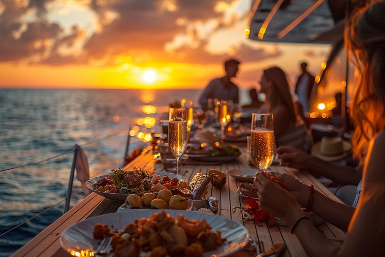 Jantar elegante ao ar livre em um barco durante o pôr do sol, com pratos sofisticados, taças de espumante e um horizonte dourado refletindo no mar, criando uma atmosfera de luxo e descontração.
