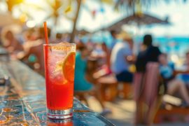 Drink colorido servido em um copo alto com gelo e uma fatia de laranja, em um bar ao ar livre na praia, com pessoas descontraídas e um cenário ensolarado ao fundo.