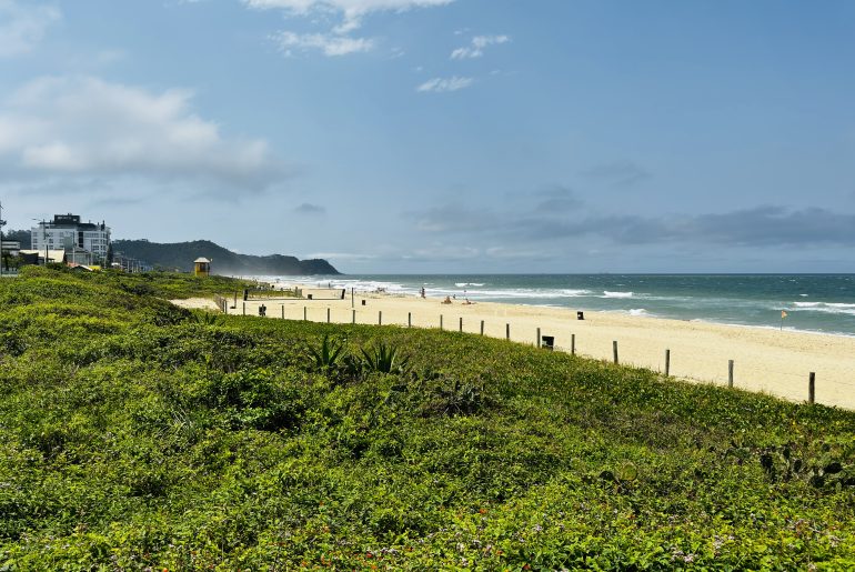 Vista panorâmica de uma praia com faixa de areia dourada e mar azul, cercada por vegetação verde e algumas construções ao fundo, em um dia ensolarado com poucas nuvens.