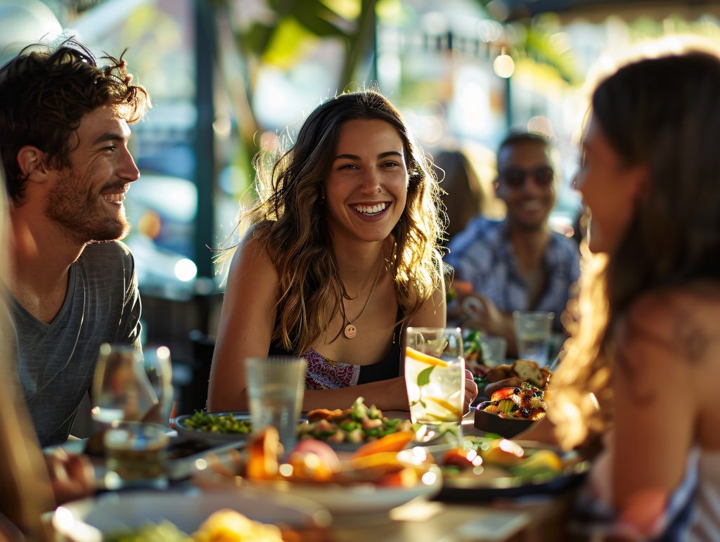 Grupo de amigos sorrindo e aproveitando uma refeição ao ar livre em um restaurante iluminado pelo sol, com pratos coloridos e ambiente descontraído.