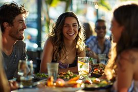 Grupo de amigos sorrindo e aproveitando uma refeição ao ar livre em um restaurante iluminado pelo sol, com pratos coloridos e ambiente descontraído.